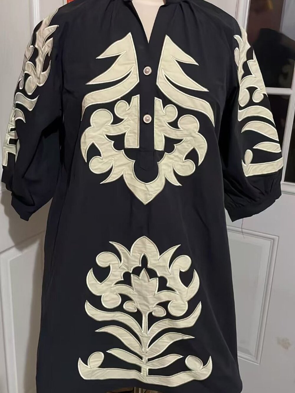 Women's Floral Embroidered Applique Mini Summer Dress 3/4 Puff Sleeves Ruffled